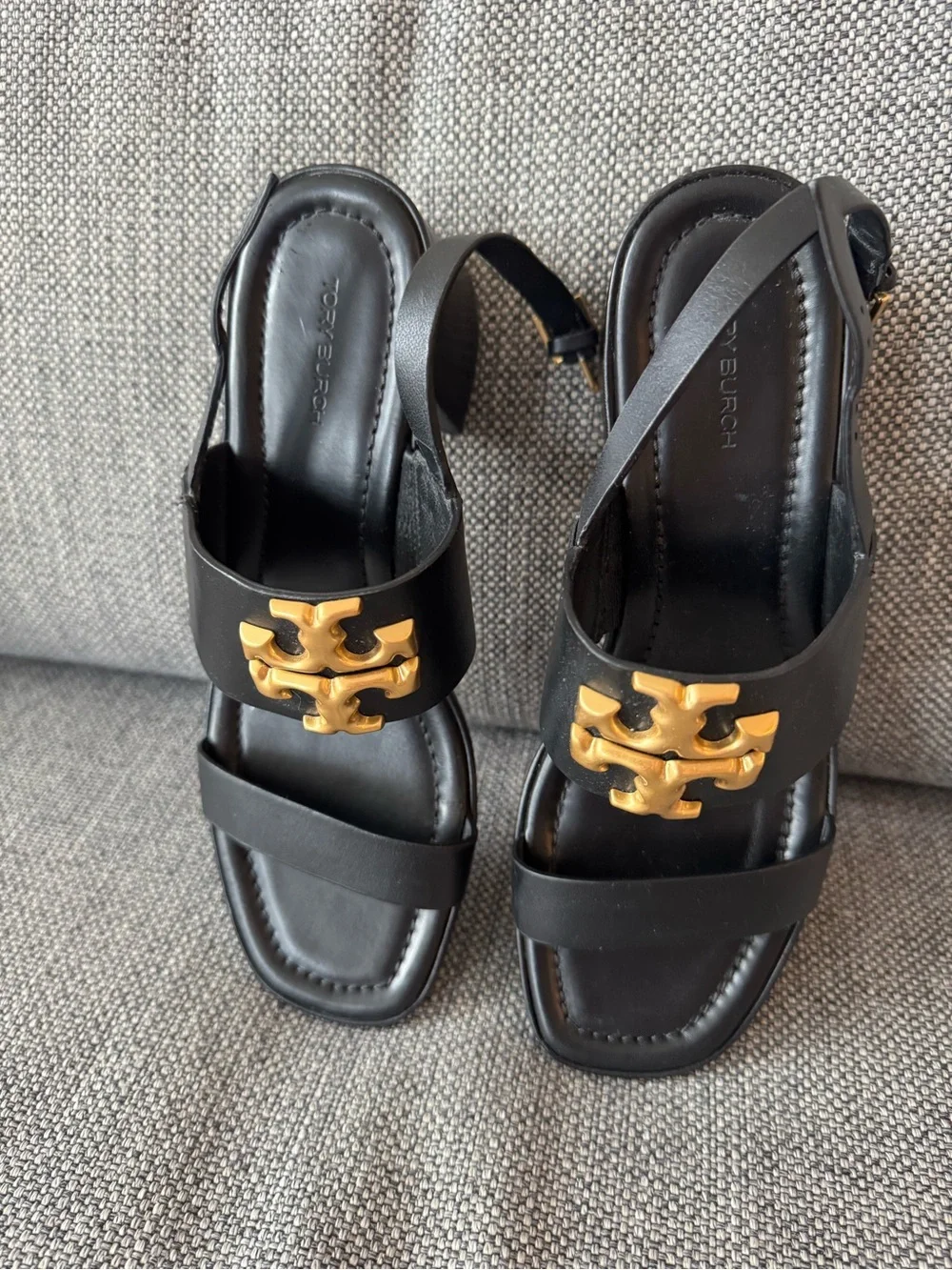 Tory Burch Black Leather Slingback Sandals with Gold Logo Accent